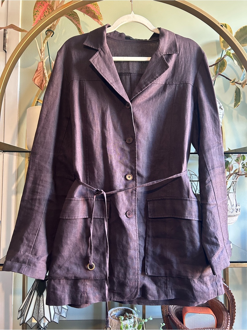 In wear 100% linen long belted blazer in chocolate brown, coastal, fall sz 14